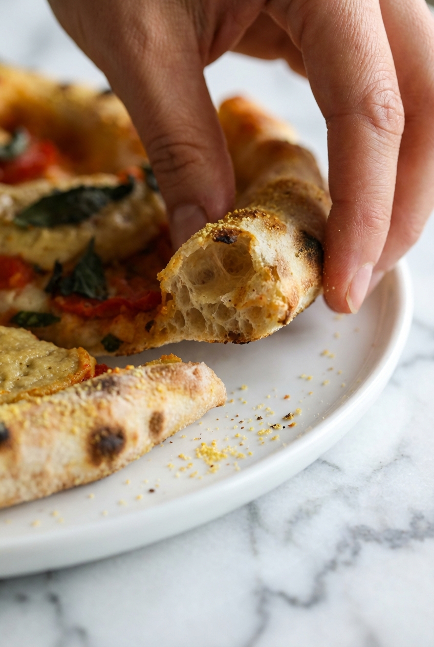 Macro view of the Classic Vegan Pizza crust showing the Maillard reaction and bubbly texture under natural window lighting.