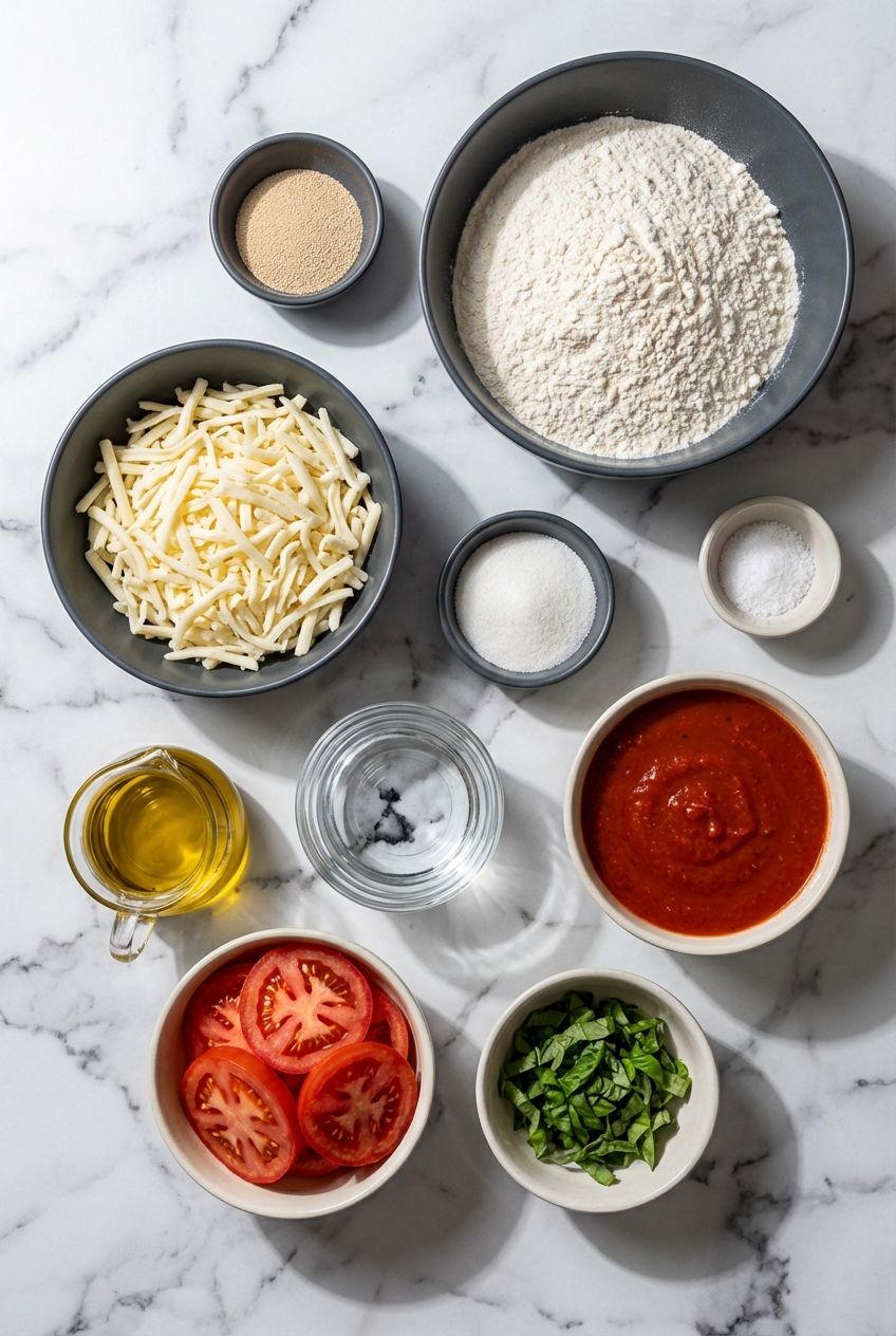 Flat lay of Classic Vegan Pizza ingredients including all-purpose flour, active dry yeast, and marinara sauce on a contemporary countertop.