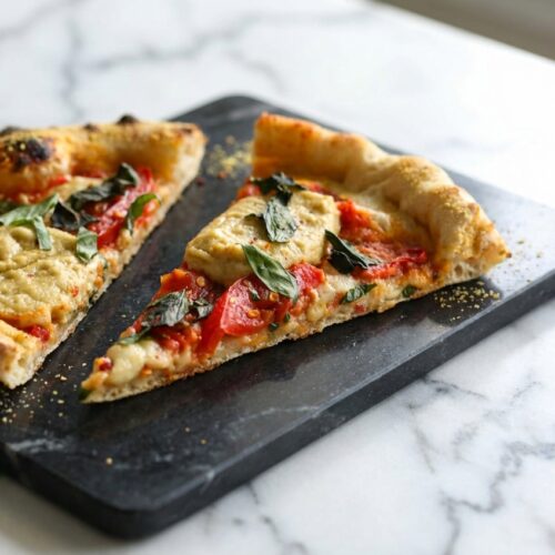 Classic Vegan Pizza with a golden Umami Dust infused crust and melted cashew mozzarella on a white marble surface.
