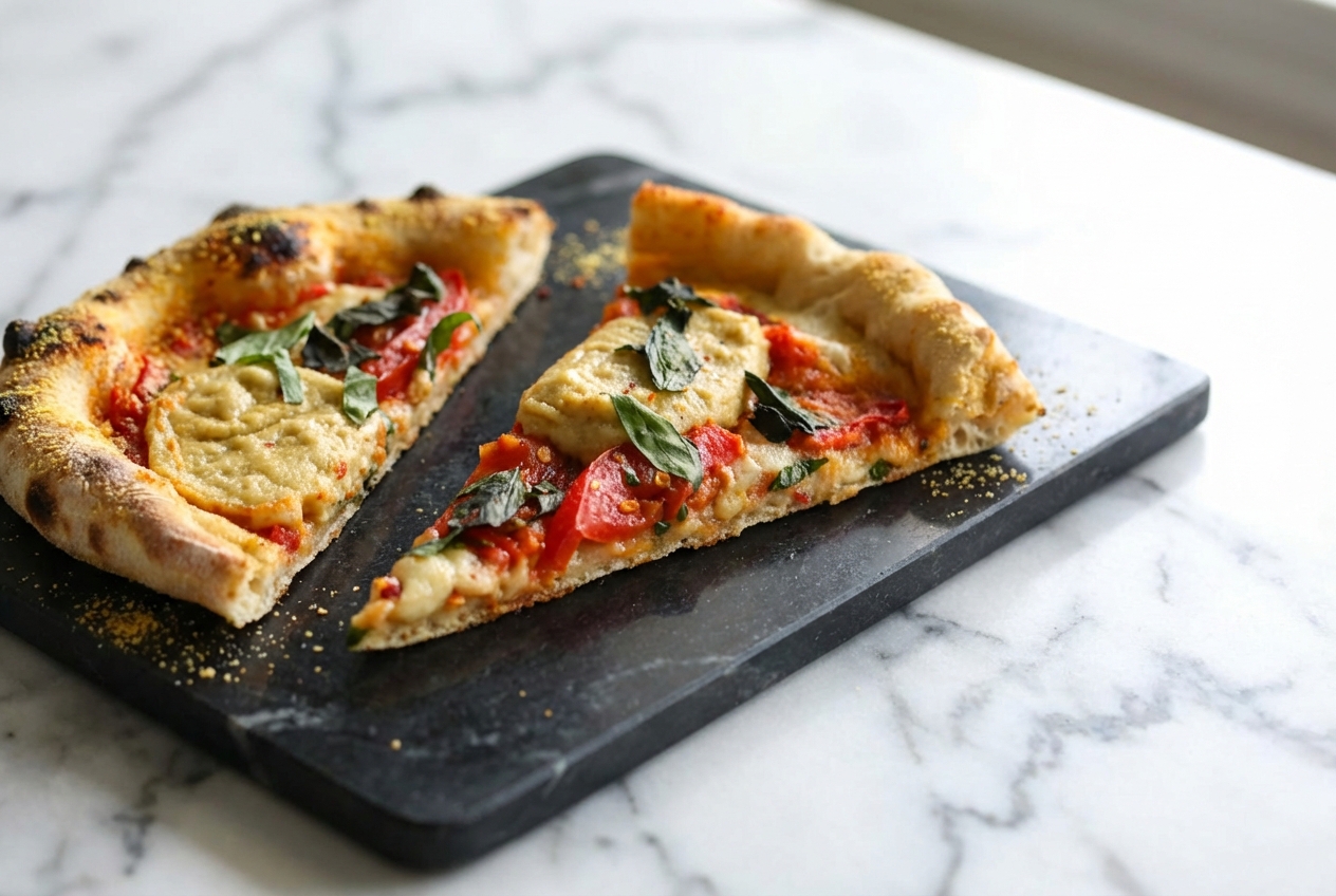 Classic Vegan Pizza with a golden Umami Dust infused crust and melted cashew mozzarella on a white marble surface.