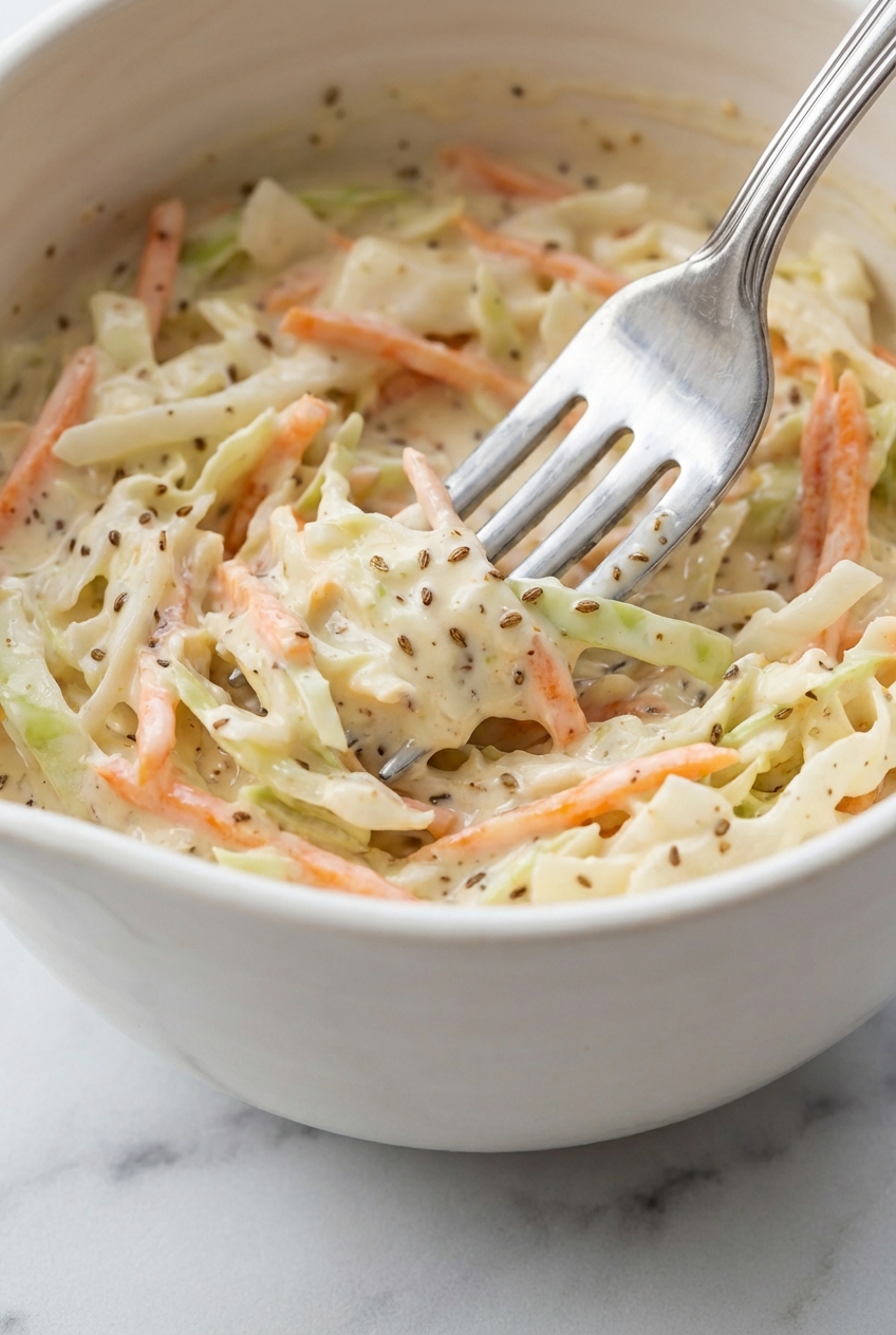 Close-up texture of Coleslaw Dressing showing toasted celery seeds and a smooth emulsion on a white marble surface under natural lighting.