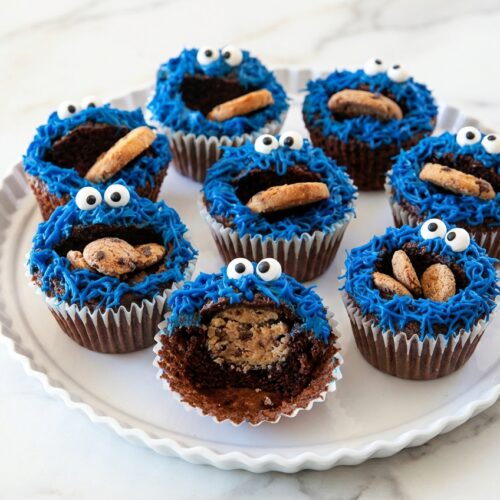 Cookie Monster Cupcakes with an edible cookie dough core filling on a white marble surface with natural lighting.