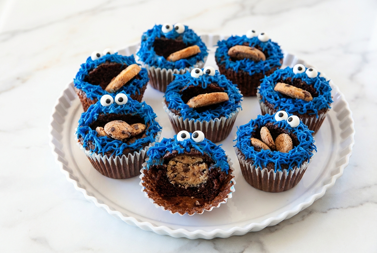 Cookie Monster Cupcakes with an edible cookie dough core filling on a white marble surface with natural lighting.