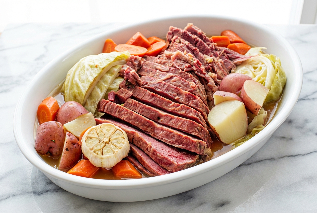 Corned beef recipes slow cooker brisket with halved garlic and cider vinegar on white marble.