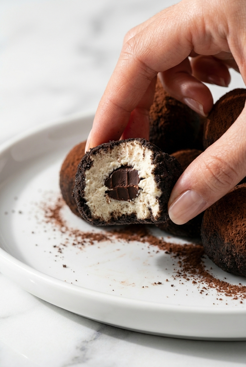 Close-up macro of the velvety interior of Cream Cheese Oreo Protein Balls showing the dense texture of the Dark Cocoa Core on a contemporary countertop.