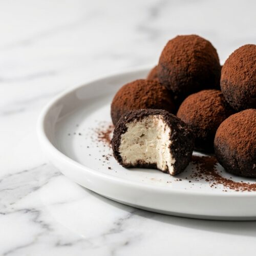 Cream Cheese Oreo Protein Balls featuring a Dark Cocoa Core on a minimalist ceramic plate, shot in natural window lighting on white marble.