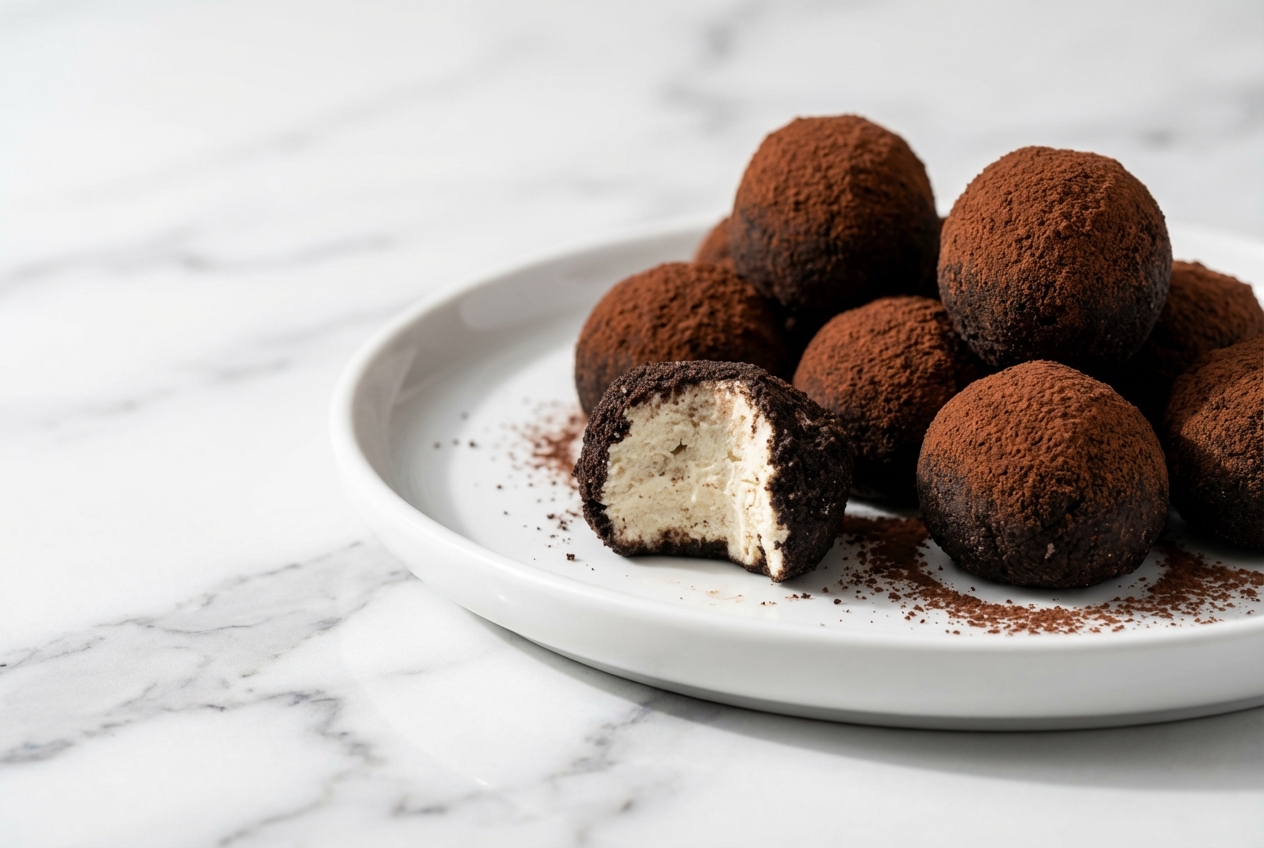 Cream Cheese Oreo Protein Balls featuring a Dark Cocoa Core on a minimalist ceramic plate, shot in natural window lighting on white marble.
