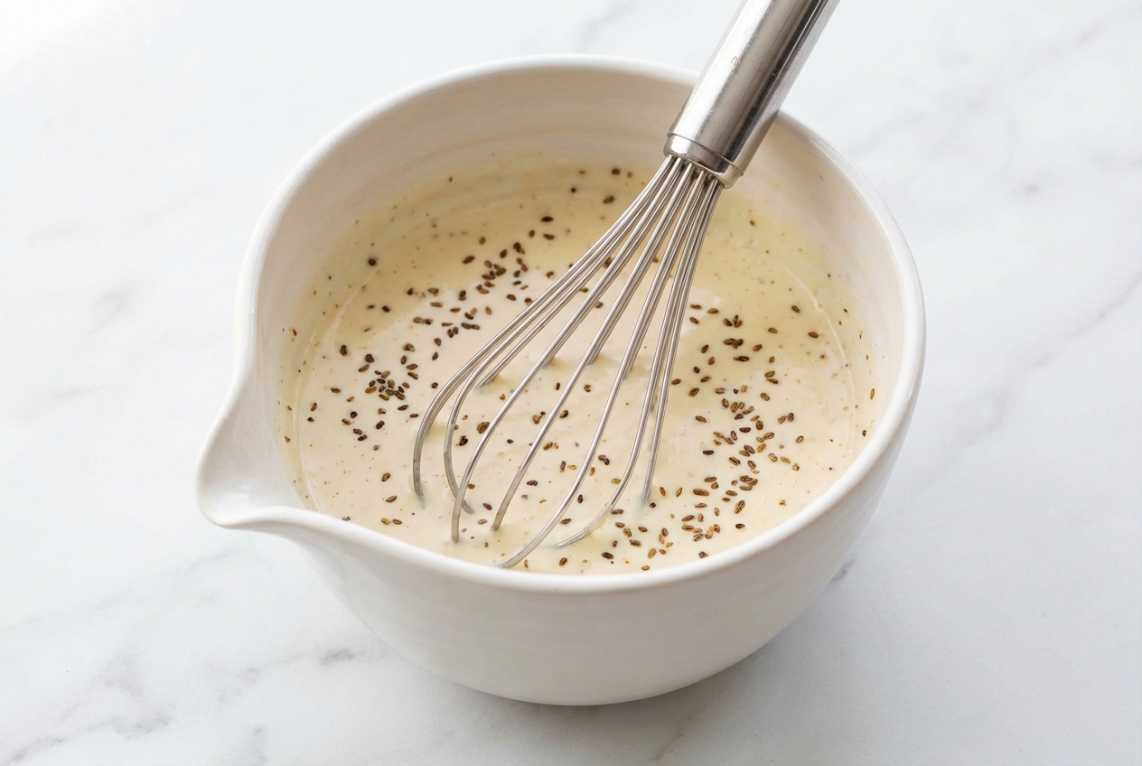 Creamy Coleslaw Dressing in a minimalist ceramic bowl on white marble, featuring toasted celery seeds and dill pickle brine.