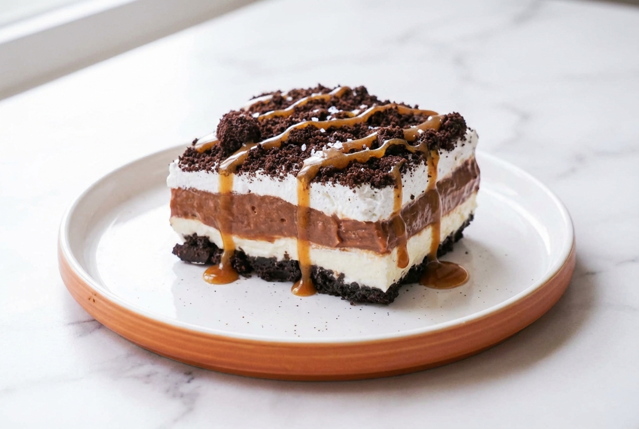 Creamy Oreo Lasagna showing dark cookie layers and espresso-salted brown butter drizzle on a white marble surface.