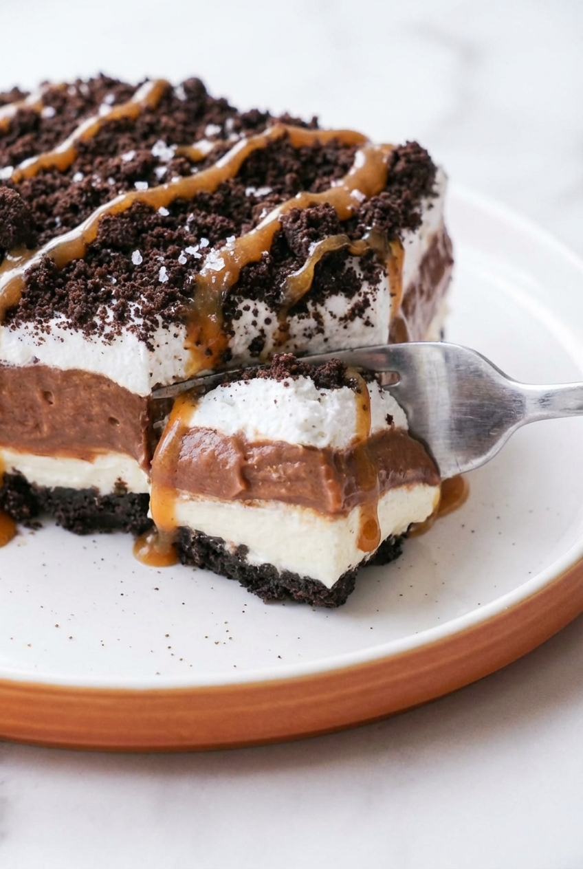 A slice of Creamy Oreo Lasagna on a minimalist ceramic vessel highlighting the contrast between soft peaks and dark cookie crust.