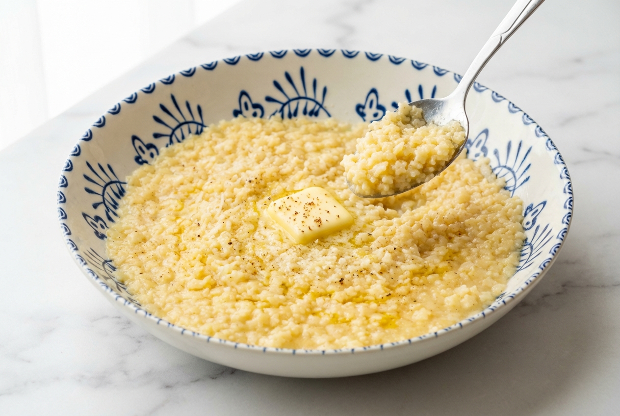 Creamy pastina recipe in a minimalist white bowl on marble, featuring a silky nutmeg and cold butter mantecatura finish.