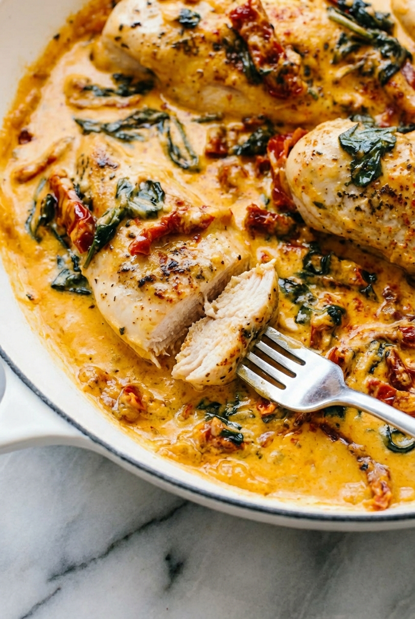 Close-up of the simmering creamy sauce with sun-dried tomatoes on a contemporary countertop. Tuscan chicken recipe skillet details.