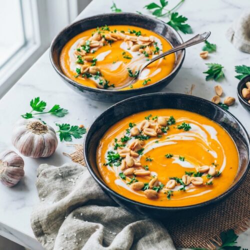 High-angle shot of creamy Vegan Pumpkin Soup in a matte ceramic bowl on white marble, highlighting the smooth texture and miso swirl.