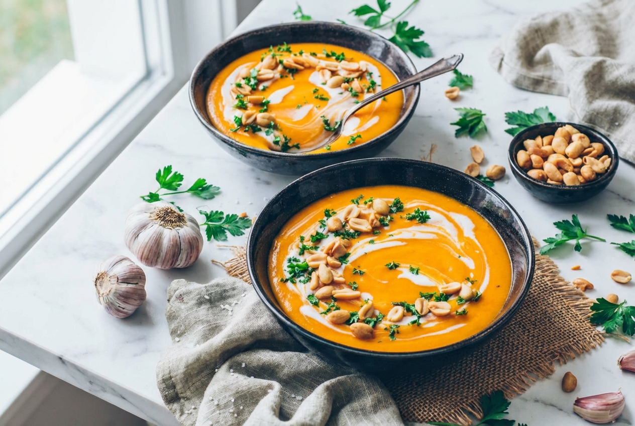 High-angle shot of creamy Vegan Pumpkin Soup in a matte ceramic bowl on white marble, highlighting the smooth texture and miso swirl.