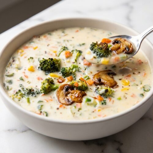 Creamy Vegetable Soup in a minimalist ceramic bowl on a white marble surface with umami-roasted broccoli and mushrooms.