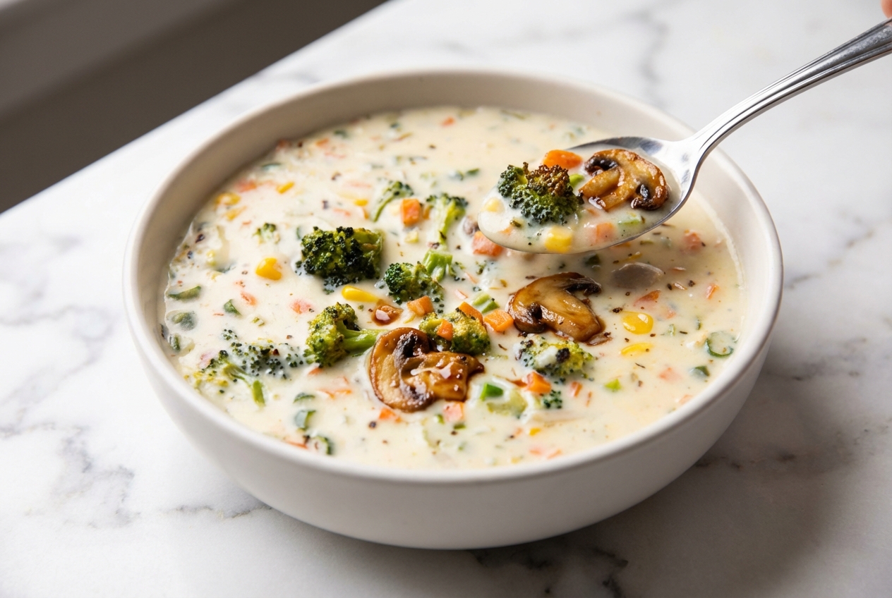 Creamy Vegetable Soup in a minimalist ceramic bowl on a white marble surface with umami-roasted broccoli and mushrooms.