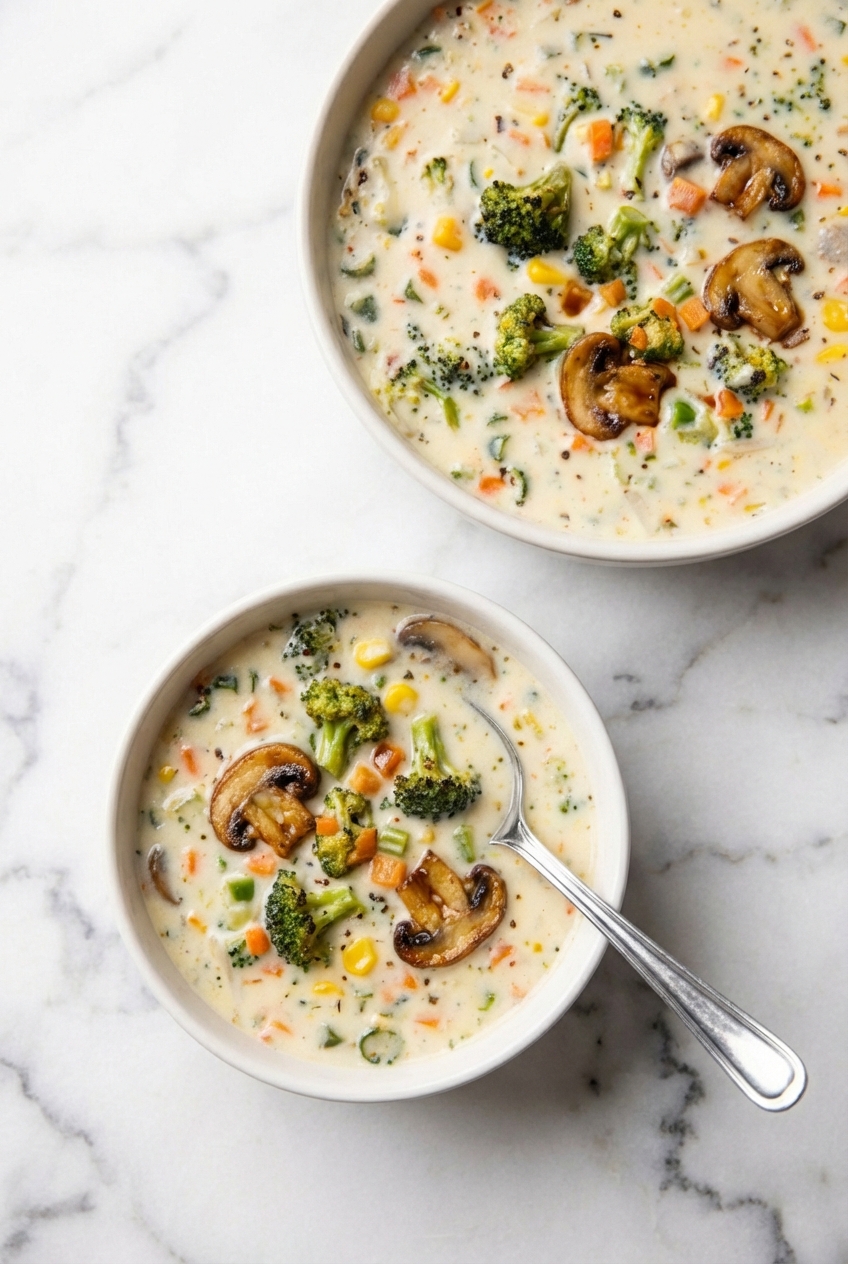 Side view of Creamy Vegetable Soup in a ceramic vessel with soft shadows, highlighting the Maillard reaction on roasted carrots.
