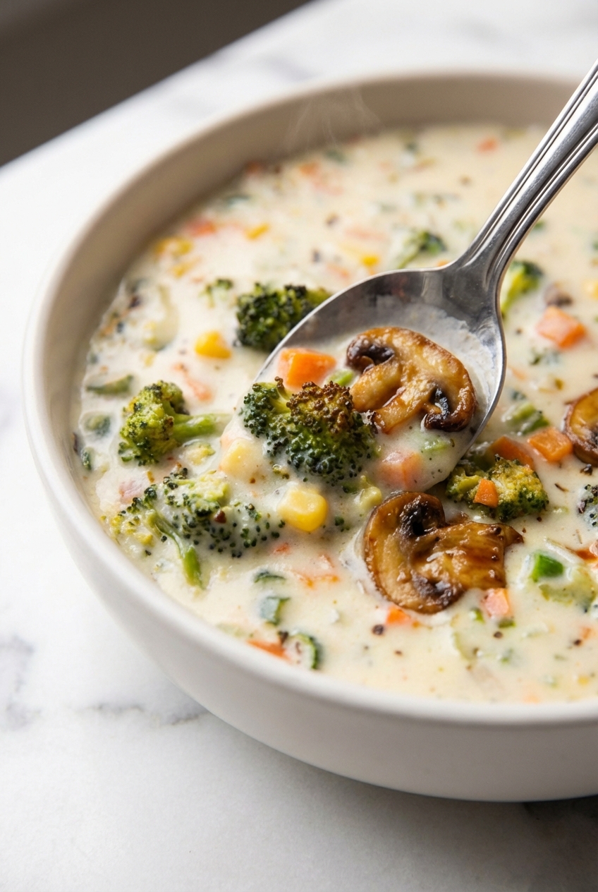 Close-up of Creamy Vegetable Soup showing smooth emulsification and roux-based texture under natural window lighting.