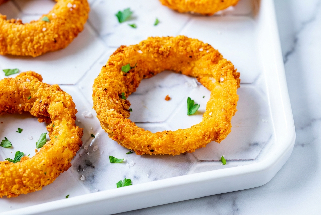 Crispy Keto Onion Rings on a white marble surface, double-dredged with whey protein isolate for a golden Maillard reaction.