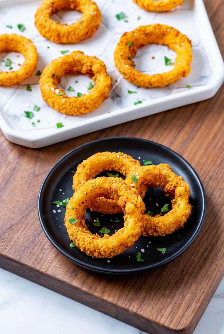 Close-up of the crispy texture on Crispy Keto Onion Rings showing the airy, golden-brown crust and tender onion center.