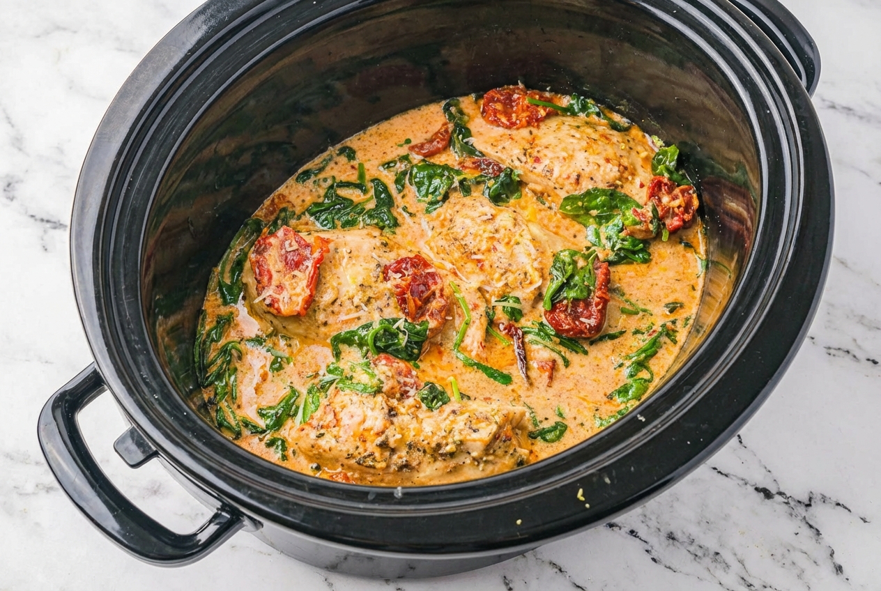 Creamy crockpot tuscan chicken recipe topped with fresh lemon zest in a minimalist ceramic bowl on a white marble surface.