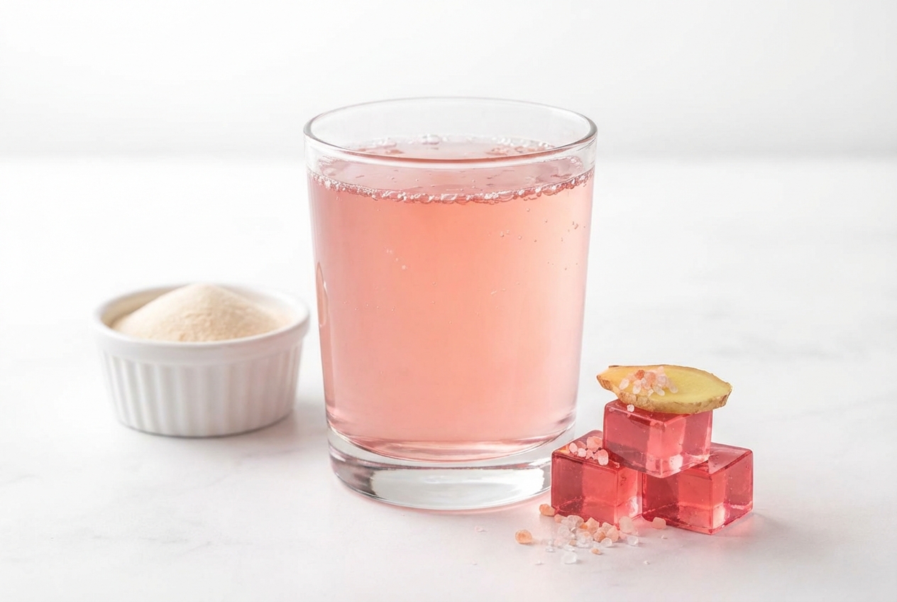 Dr Oz gelatin recipe for weight loss in a minimalist bowl on white marble, infused with fresh ginger and pink salt.