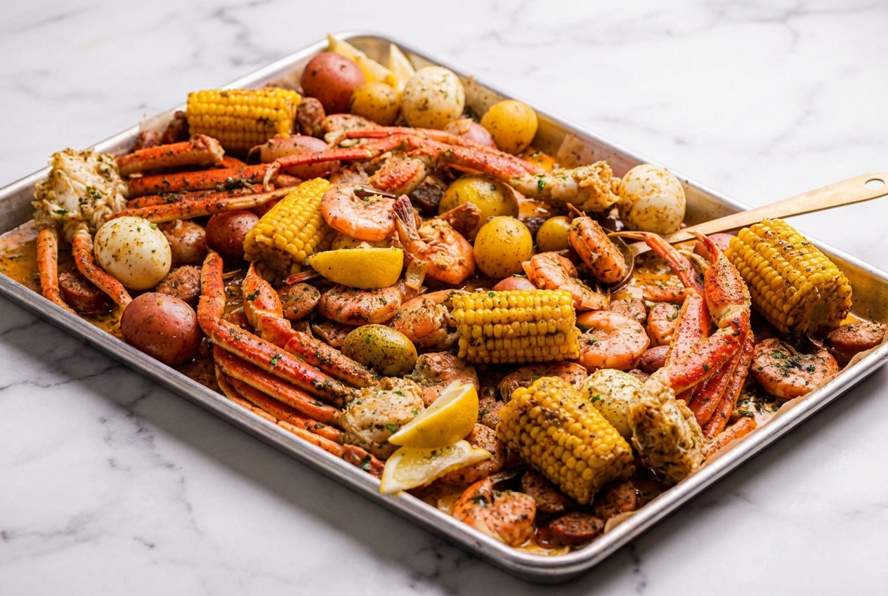 Easy seafood boil recipe featuring flash-charred snow crab clusters and jumbo shrimp on a minimalist ceramic platter.