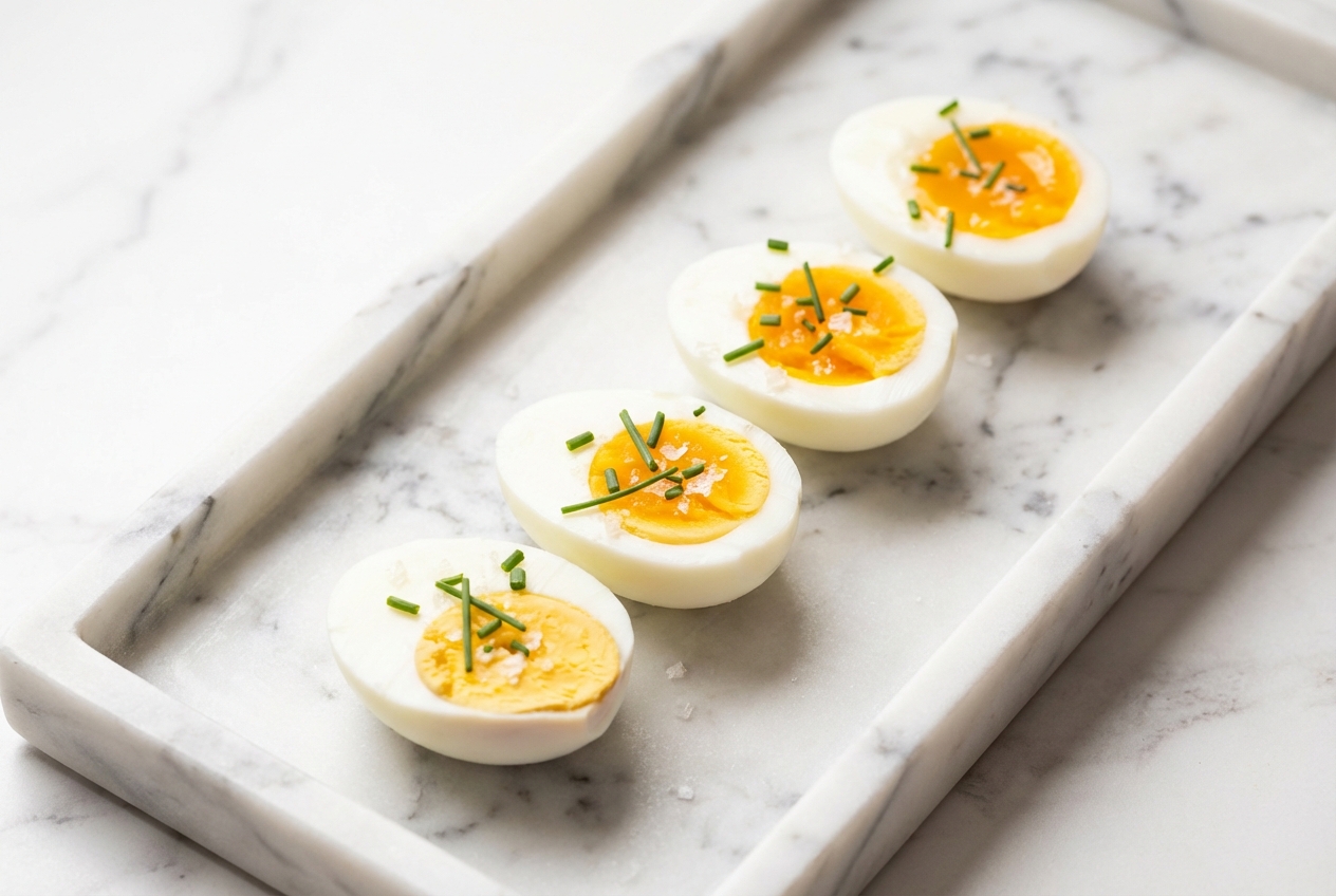 Soft-boiled egg boil recipe with jammy yolks on white marble, featuring the baking soda and vinegar osmosis hack.