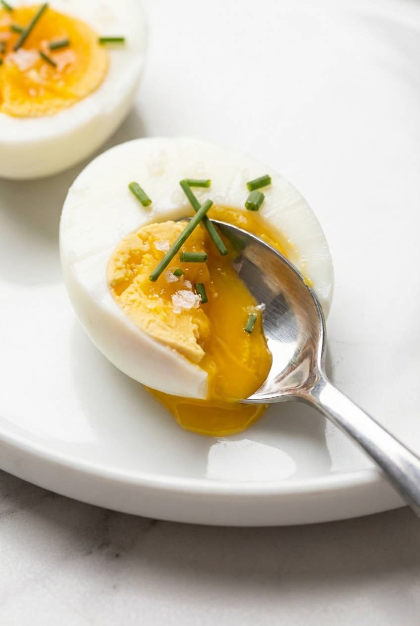 A halved hard-boiled egg on a minimalist ceramic vessel showing a creamy texture under natural window lighting.