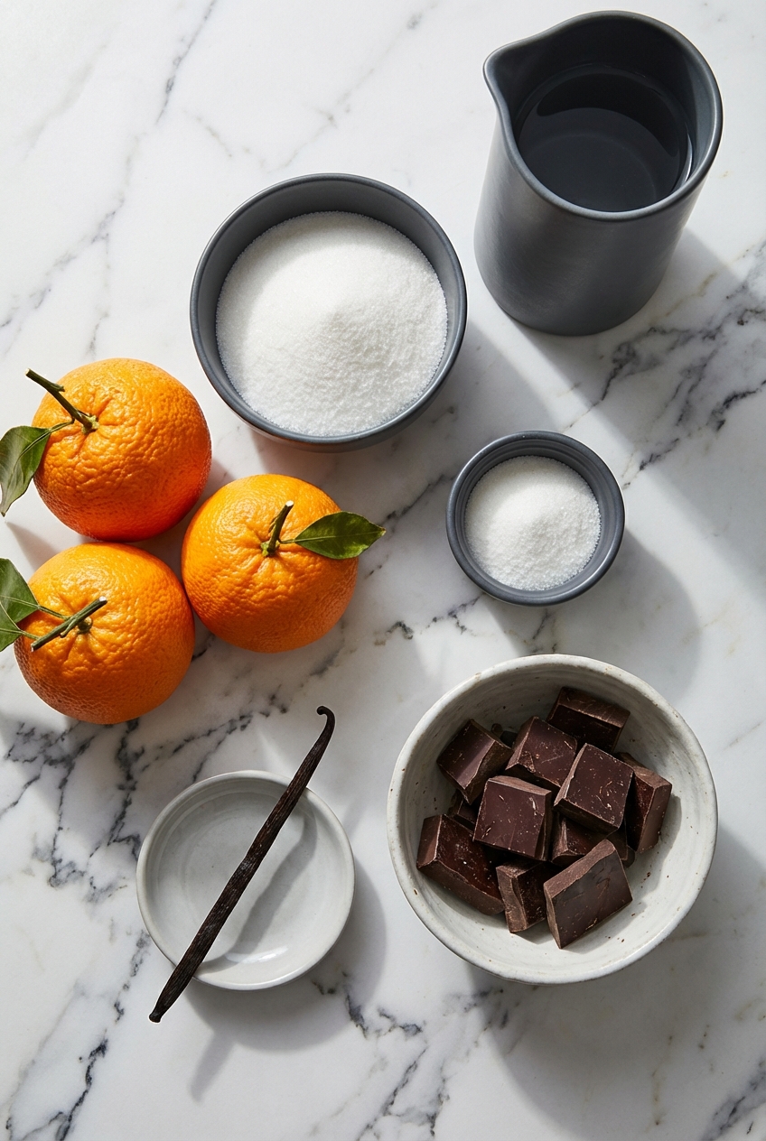 Flat lay of Navel Orange peels, simple syrup, and dark tempered chocolate on a contemporary countertop with natural window lighting.
