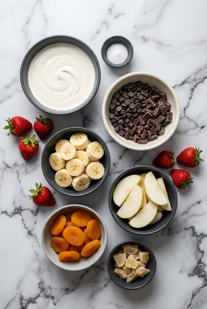 Flat lay of chocolate fondue recipe ingredients with bittersweet chocolate and heavy cream on white marble.