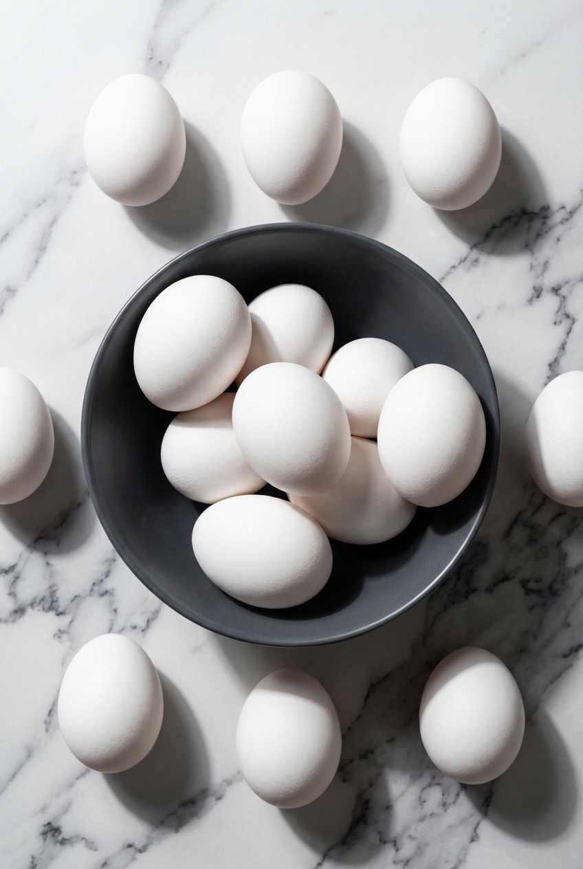 Flat lay of egg boil recipe ingredients including fresh eggs, Old Bay seasoning, and vinegar on a white marble surface.