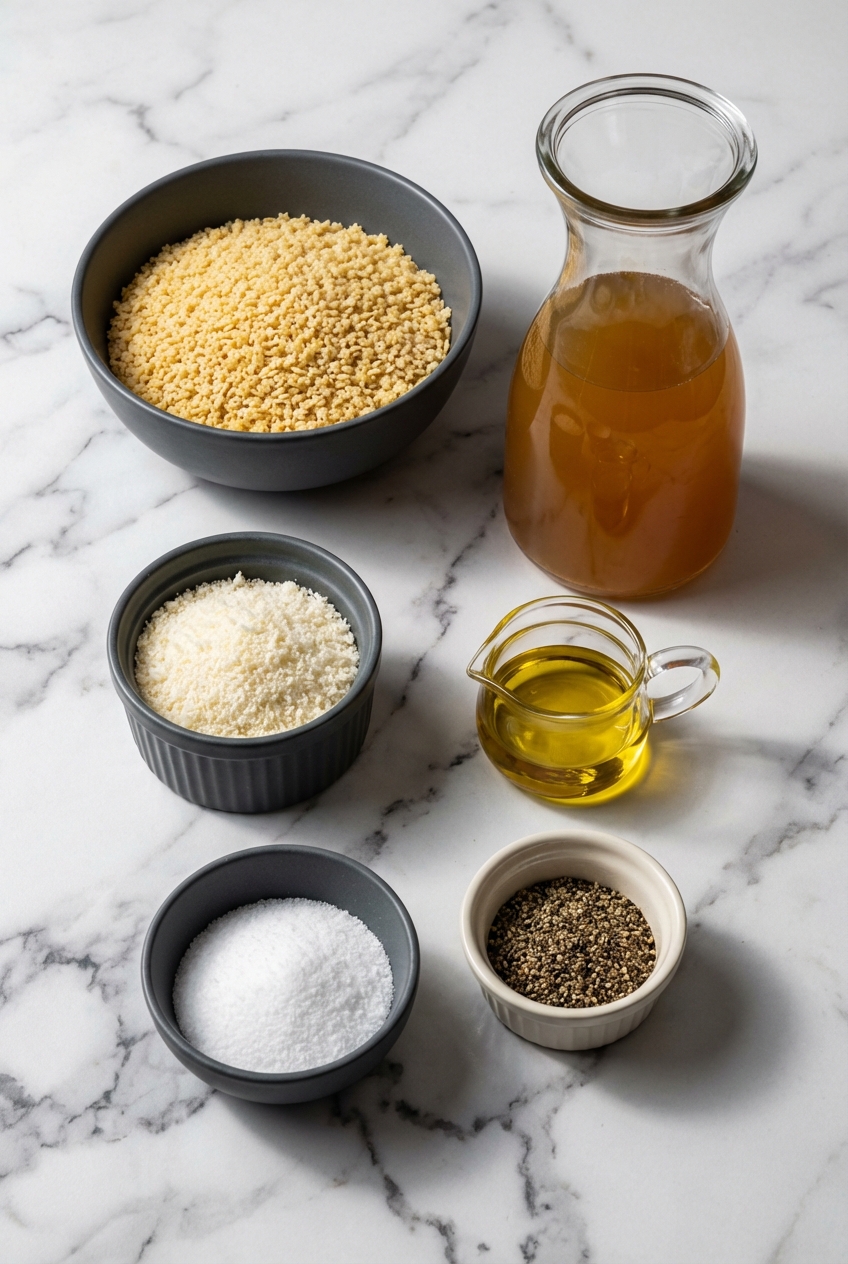 Flat lay of pastina recipe ingredients including stelline pasta, Parmigiano-Reggiano, and nutmeg on a contemporary white countertop.