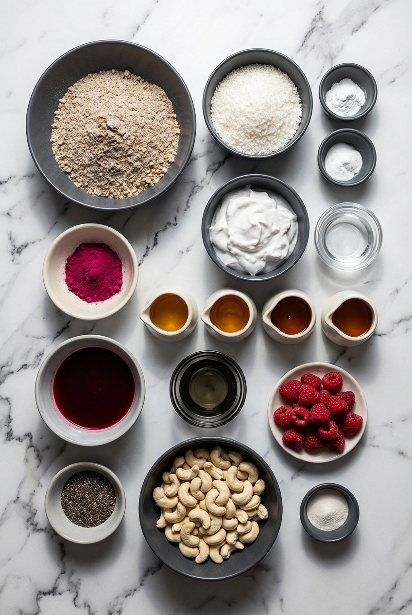 Flat lay of Pink Dragon Fruit Layer Cake ingredients featuring pitaya powder and buckwheat flour on a contemporary countertop.