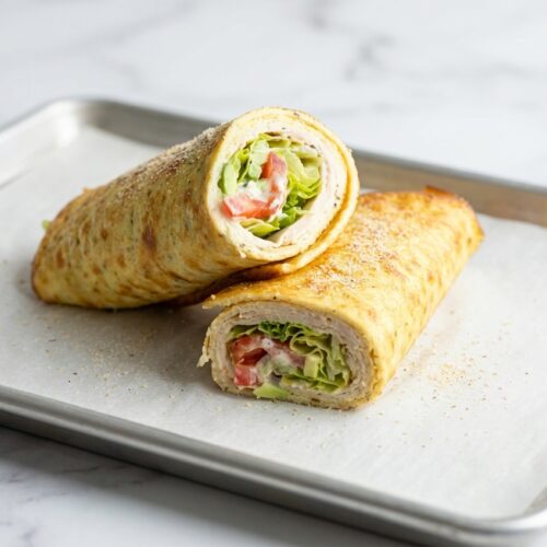 2-Ingredient Cottage Cheese Wraps on a minimalist ceramic plate over white marble, showing flexibility from psyllium husk.