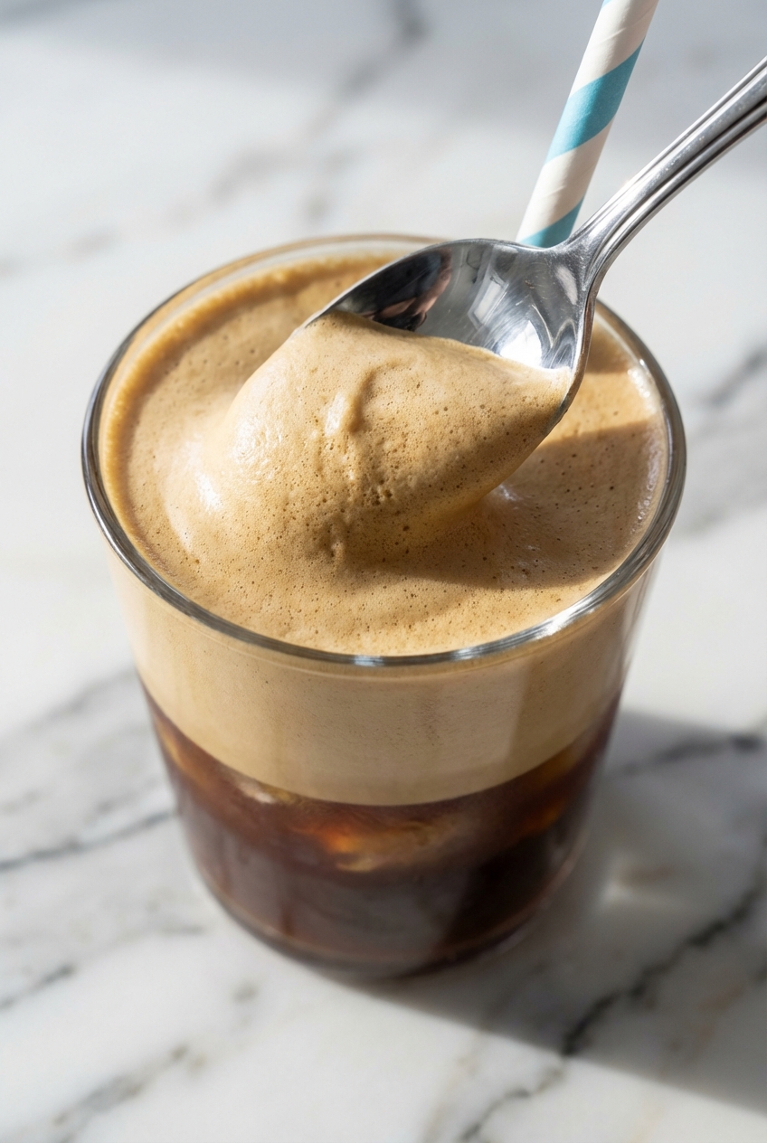 Handheld milk frother creating thick aerated coffee foam for freddo coffee on a minimalist white marble surface.