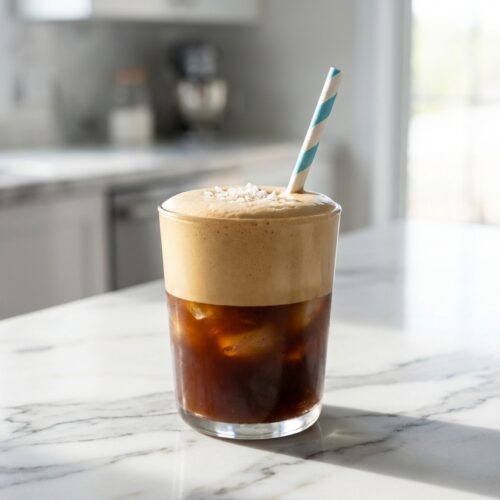 Freddo coffee with layered aerated foam on white marble, featuring the Saline & Chill technique in natural window light.