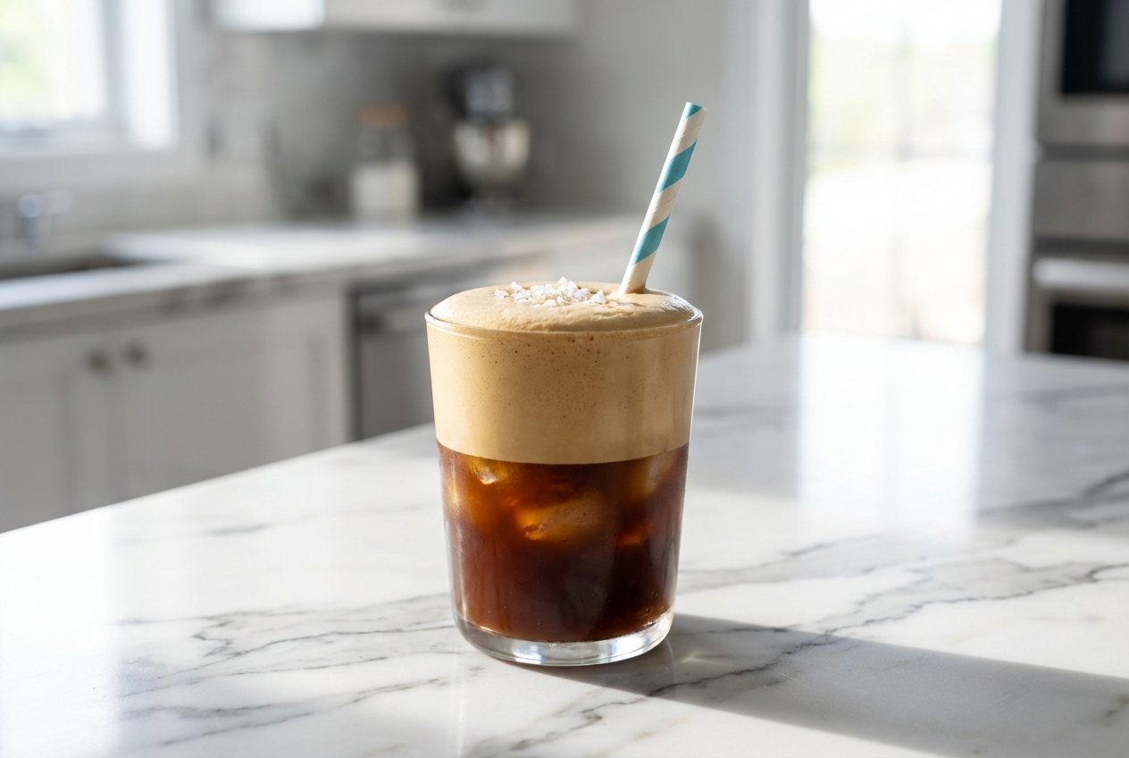 Freddo coffee with layered aerated foam on white marble, featuring the Saline & Chill technique in natural window light.