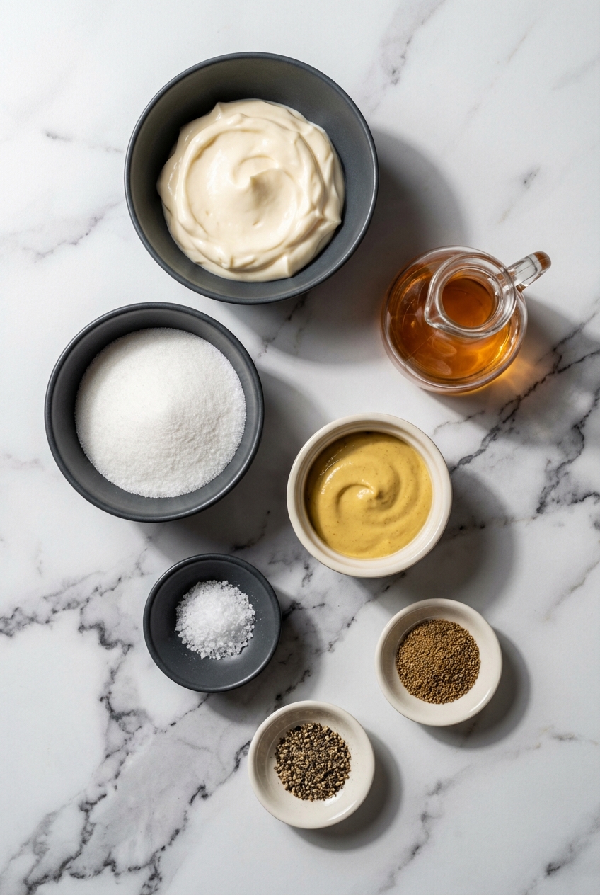 Flat lay of Coleslaw Dressing ingredients including mayonnaise, apple cider vinegar, maple syrup, and celery seeds on a contemporary countertop.