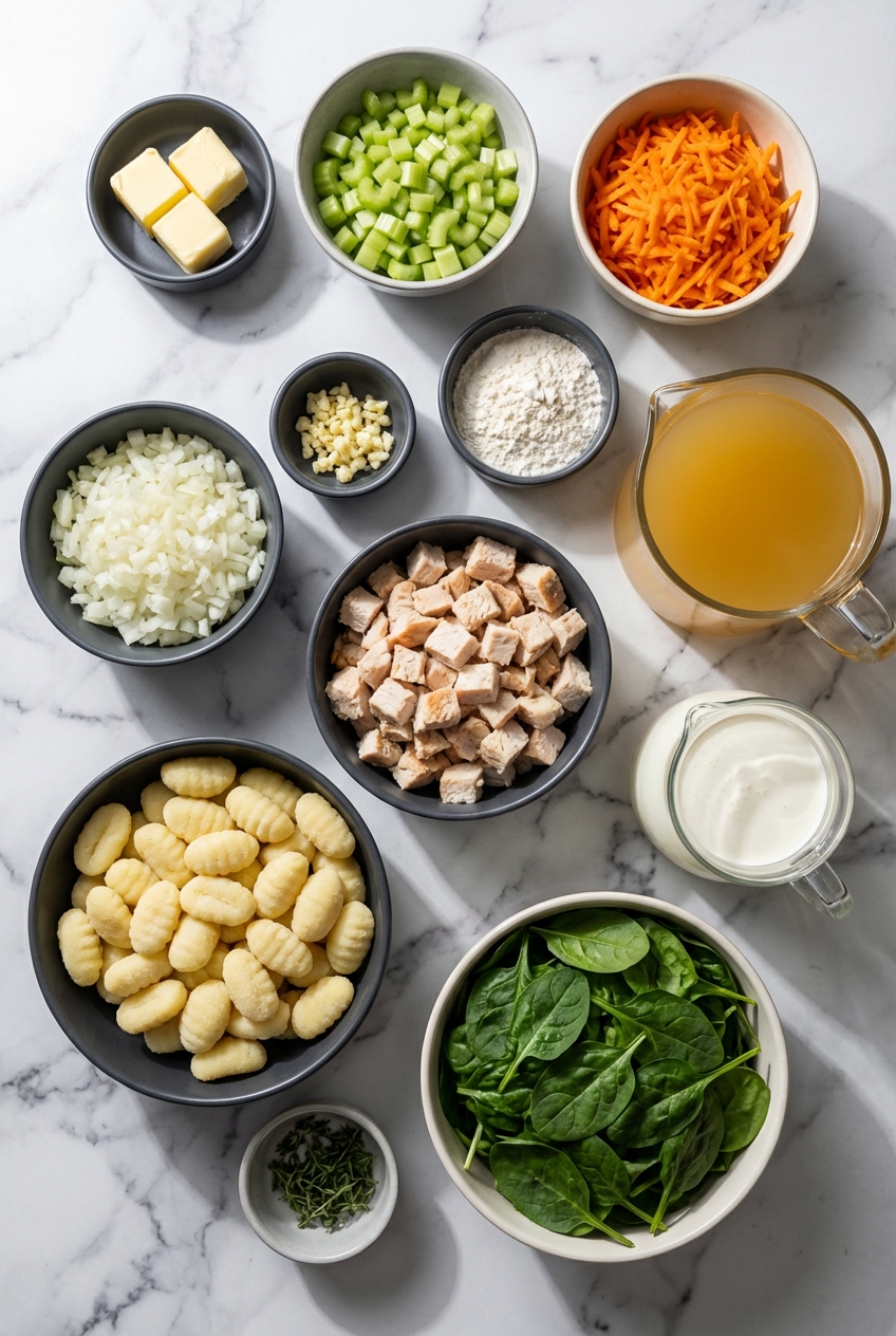 Flat lay of potato gnocchi, mirepoix, chicken breast, and fresh thyme on a contemporary marble countertop for chicken gnocchi soup.
