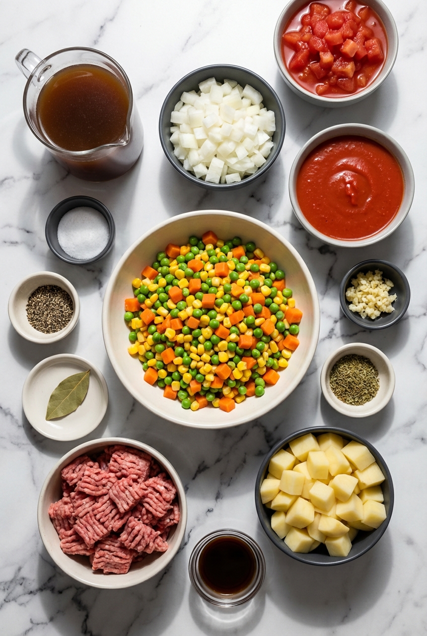 Flat lay of ground chuck, beef bouillon, mirepoix, and Italian seasoning for hamburger vegetable soup on a white marble surface.