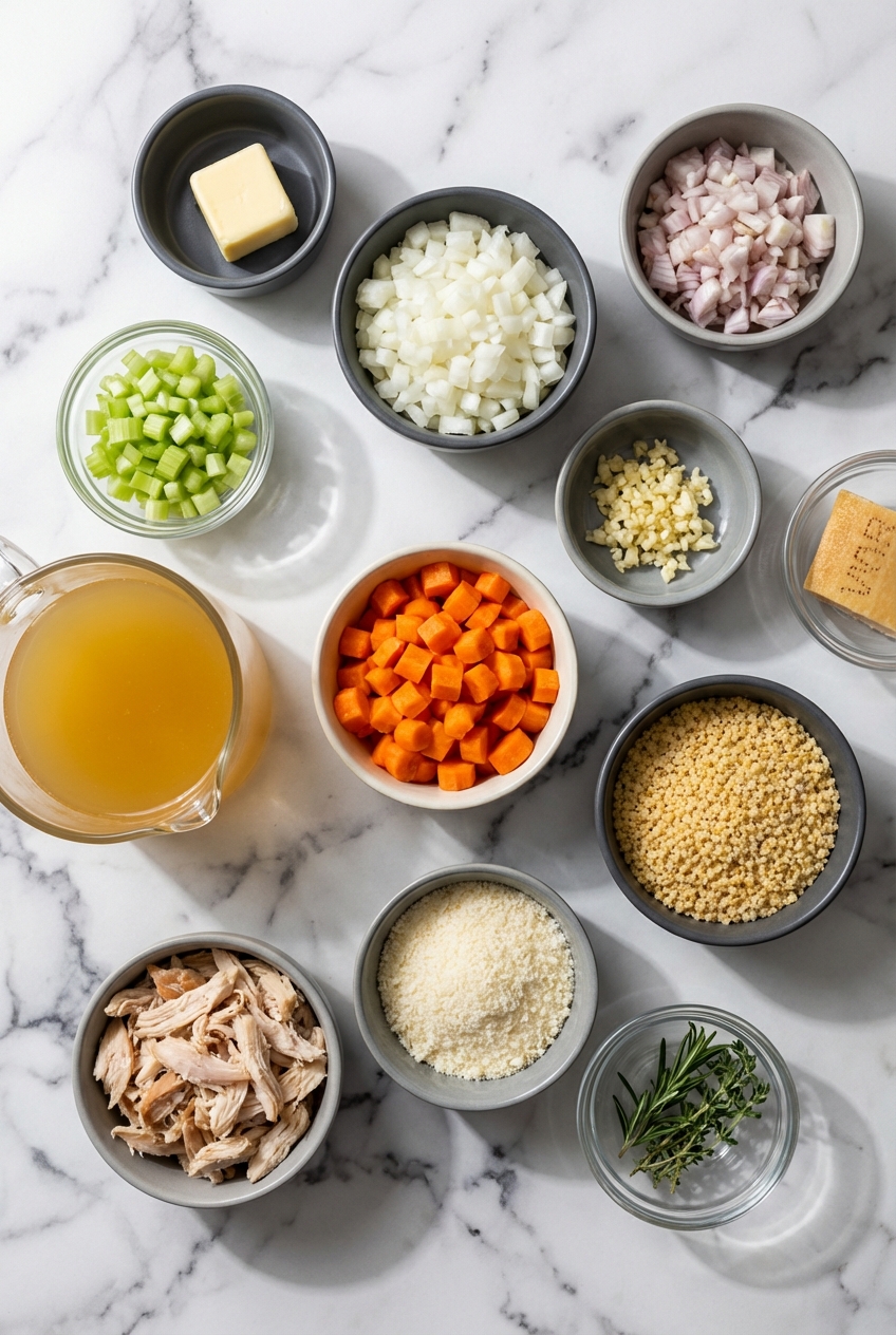 Flat lay of raw ingredients for italian penicillin soup on a white marble countertop including mirepoix and parmigiano-reggiano rind.