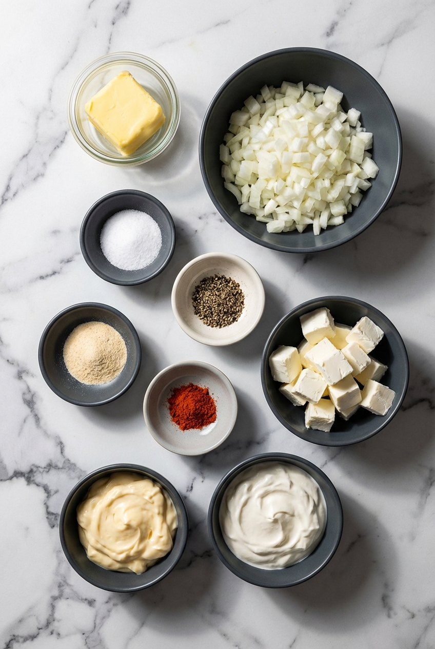 Top-down flat lay of sour cream, cream cheese, onions, and Worcestershire sauce on a contemporary countertop in natural window lighting.