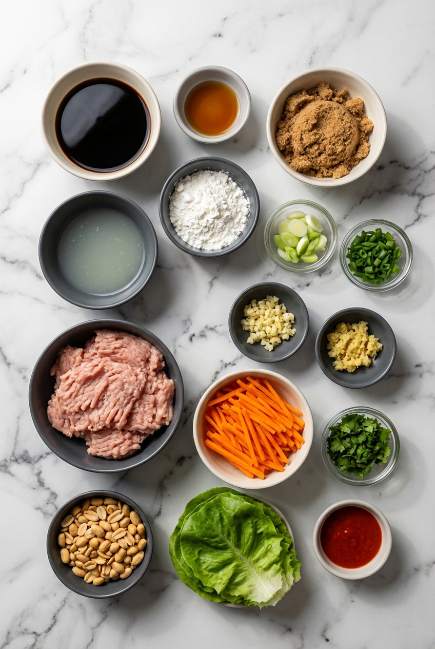 Flat lay of ground chicken, butter lettuce, and fish sauce for Thai Lettuce Wraps on a contemporary white countertop.