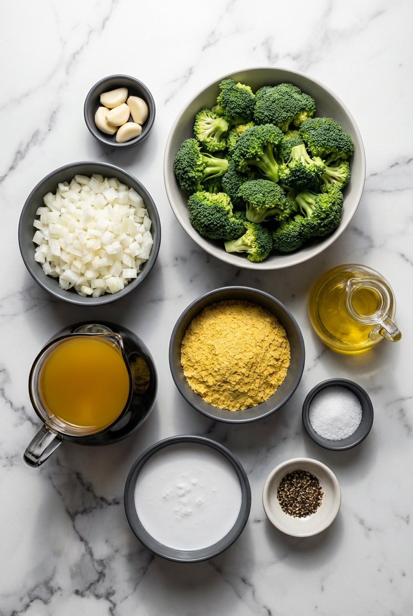Flat lay of raw broccoli, cashews, nutritional yeast, and vegetable broth on a contemporary countertop under natural window lighting.