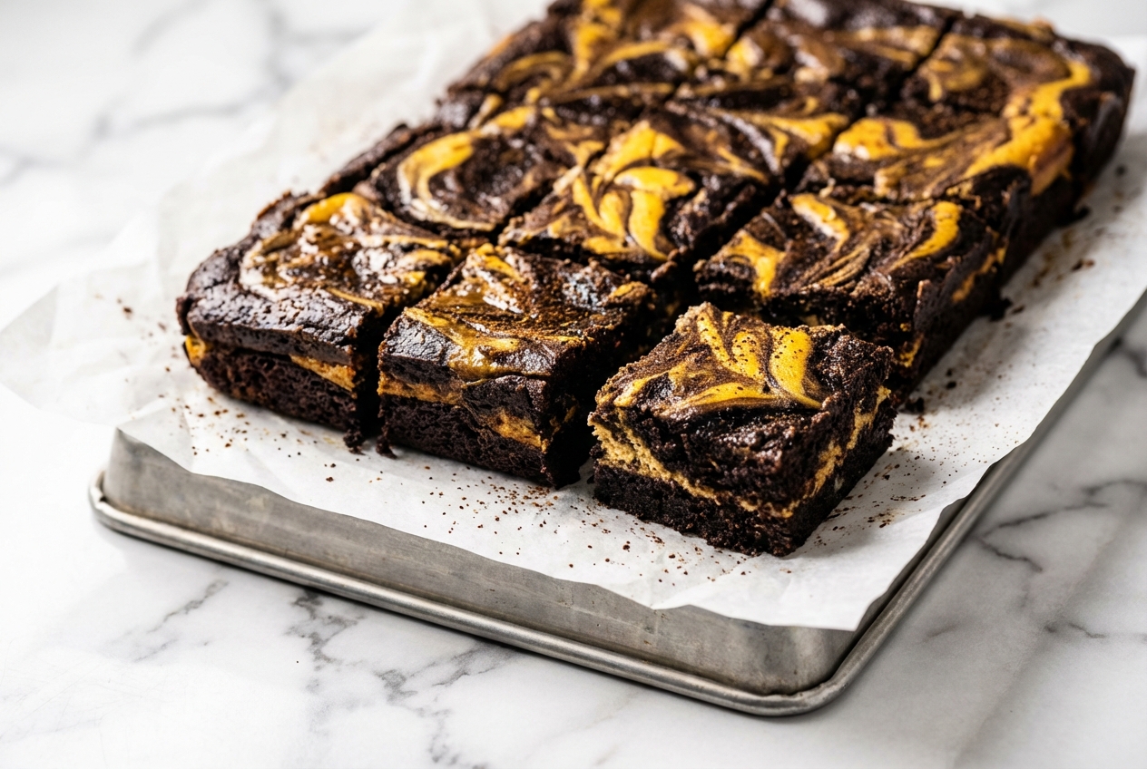 Fudgy Keto Pumpkin Brownies on a white marble surface, featuring a dense texture from brown butter and espresso.