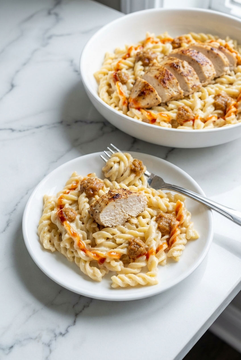 Lifestyle shot of garlic parmesan chicken pasta served on a white marble surface with soft shadows and natural window lighting.