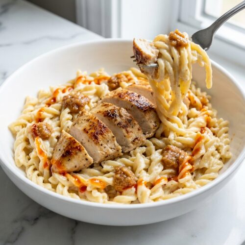 Creamy garlic parmesan chicken pasta in a minimalist ceramic bowl on white marble, drizzled with vibrant sun-dried tomato oil.