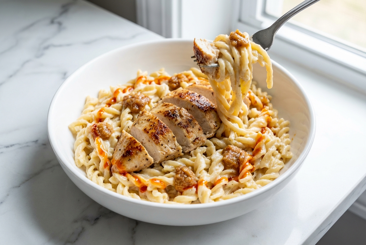 Creamy garlic parmesan chicken pasta in a minimalist ceramic bowl on white marble, drizzled with vibrant sun-dried tomato oil.