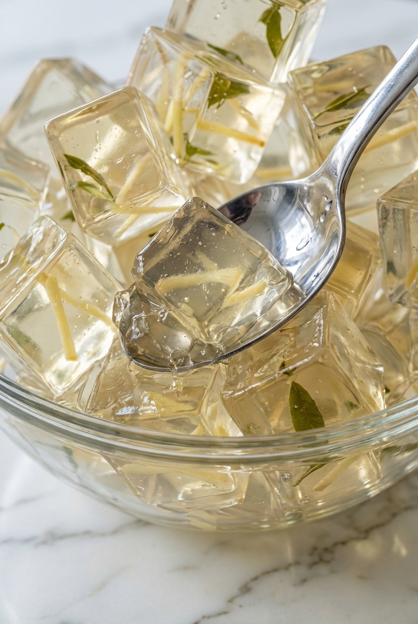 Close-up of unflavored gelatin blooming in a minimalist ceramic vessel for the gelatin trick recipe on a marble surface.